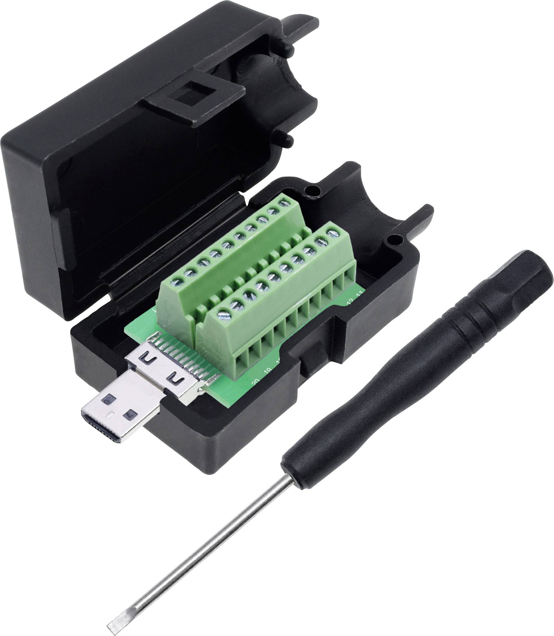 USB vtikač z odprtim ohišjem, prikazuje zeleno tiskano vezje s priključnimi sponkami. Poleg leži majhen izvijač.