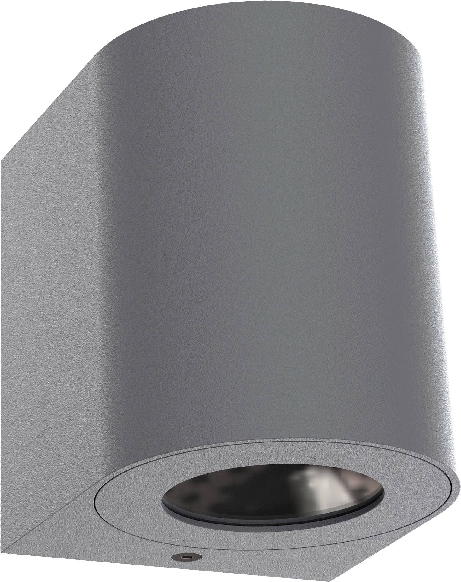 Siva cilindrična stenska svetilka z ravnim hrbtom, namenjena namestitvi na steno, v slogu downlight, z modernim videzom.