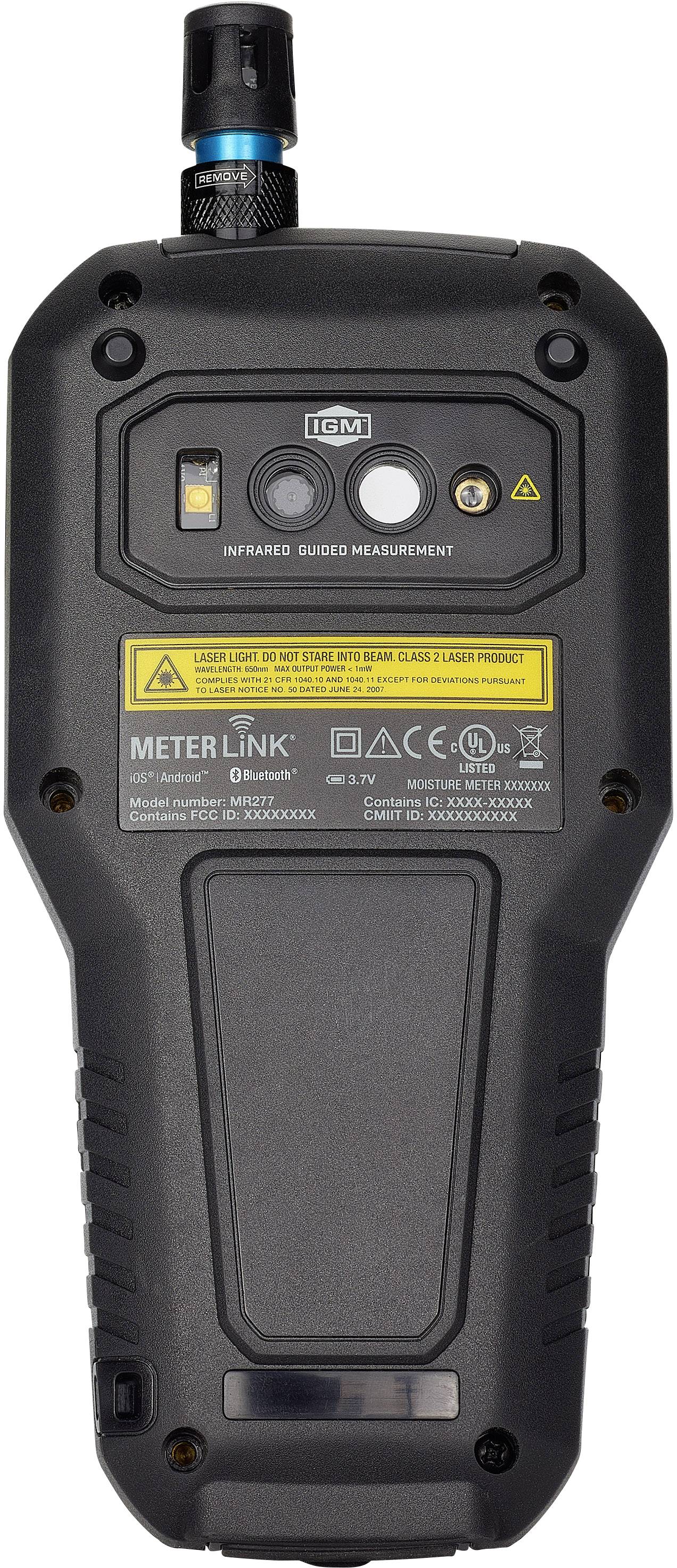 Pogled zadnje strani ročne merilne naprave 'Flir MR277' z infrardečim senzorjem in več upravljalnimi gumbi. Primerna za odkrivanje vlage in puščanja.