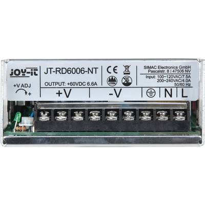 Napajalniški modul 'JT-RD6006-NT', prikazuje priključke: '+V', '-V', 'I', 'N', 'L'. Vhodi: 100–120VAC/7,5A, 200–240VAC/4,0A pri 50/60Hz, izhod: +60VDC 6,6A.