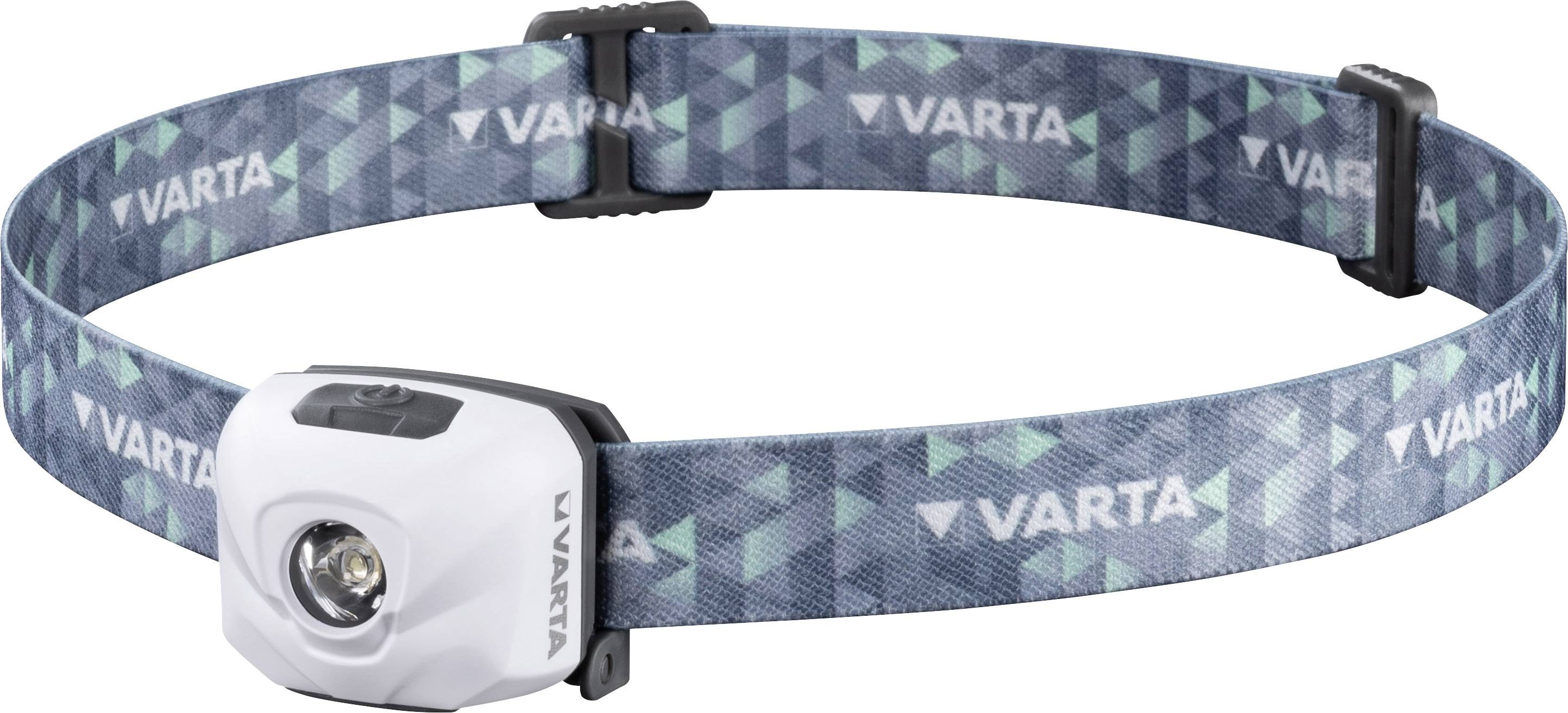 'Varta' čelna svetilka z belim LED-svetilom in vzorčastim, modro-zelenim elastičnim trakom za delo brez rok v temi.