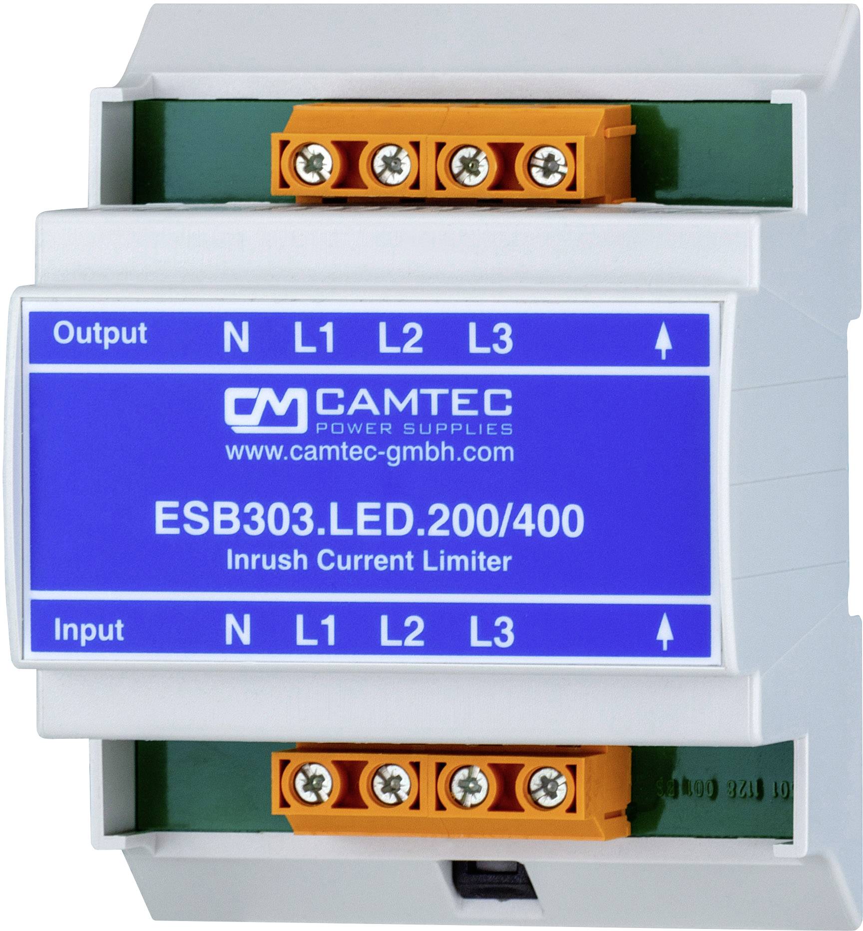 Omejevalnik toka podjetja Camtec, model ESB303.LED.200/400, z priključki in nalepko, ki prikazuje vhodne in izhodne povezave.