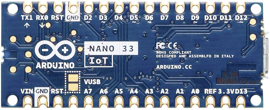 Prikaz Arduino Nano 33 IoT plošče z oznakami pinov in priključki, primeren za IoT projekte.