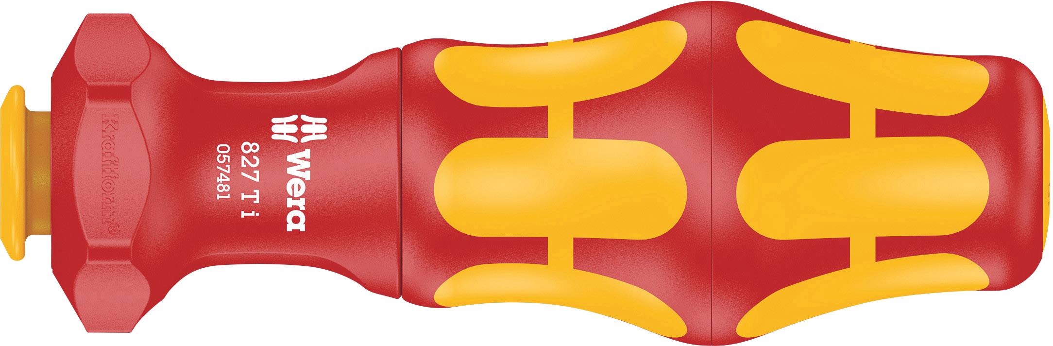 Rdeč in rumen ročaj izvijača z ergonomsko zasnovo in logotipom Wera, pogledan od zgoraj.