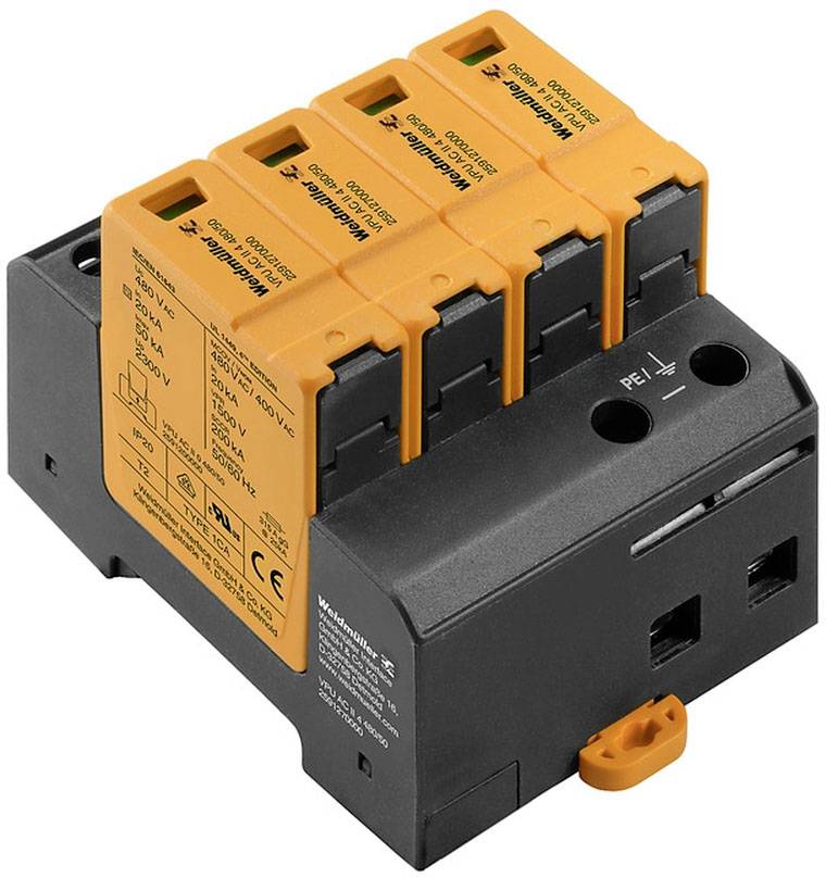 Naprava za zaščito pred prenapetostjo s štirimi oranžnimi vtičnimi moduli, primerna za 600V izmenično električno omrežje, namenjena povečanju zaščite v električnih inštalacijah.