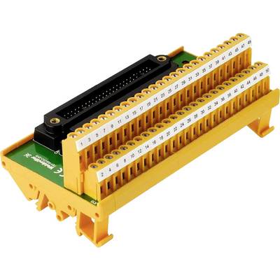 Rumena priključna sponka z numeriranimi vijačnimi sponkami za električne povezave; več vrst na kompaktni tiskani plošči.