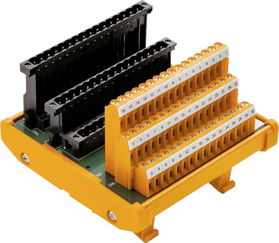 Elektronski povezovalni modul s črnimi in oranžnimi gradniki, oštevilčeni priključki za žične povezave.