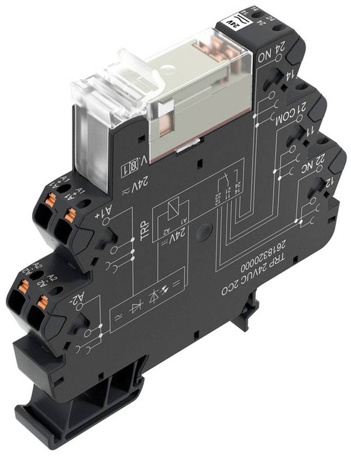 Relejna enota, prikazana s strani, z natisnjeno električno shemo in več priključnimi sponkami za električne povezave.