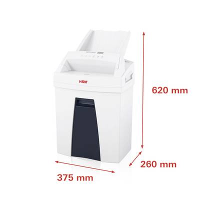 Bel uničevalnik dokumentov s črnim pokrovom. Mere, označene z rdečo: višina 620 mm, širina 375 mm, globina 260 mm.