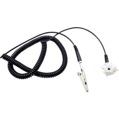 Spiralasto črno kabel, opremljen s kovinsko sponko in adapterjem na drugi strani, pogosto uporabljen za električne povezave.