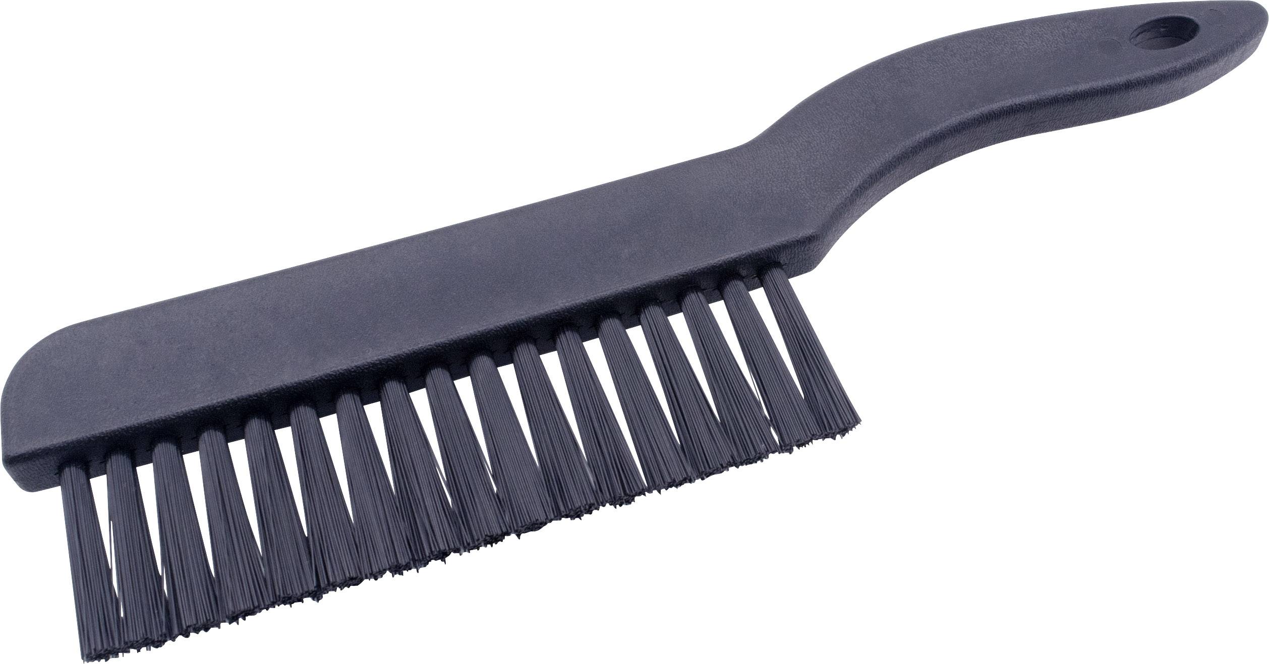 Črna plastična ščetka z dolgimi, gostimi ščetinami. Ima ergonomski ročaj in je namenjena čiščenju različnih površin.