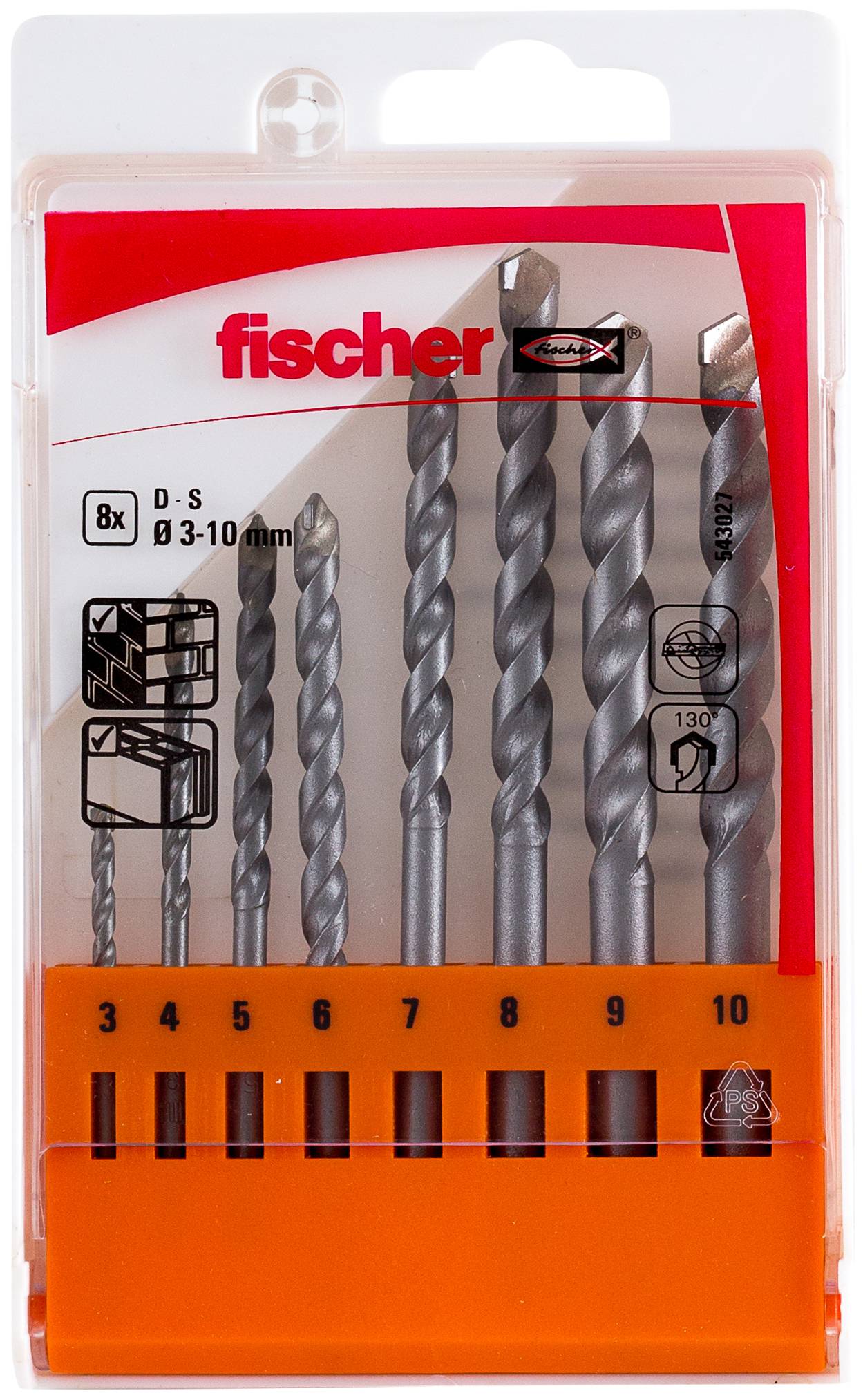 Fischer komplet svedrov v plastičnem pakiranju, označen za 3 do 10 mm, s šestimi spiralnimi muralnimi svedri prikazanimi od spredaj.
