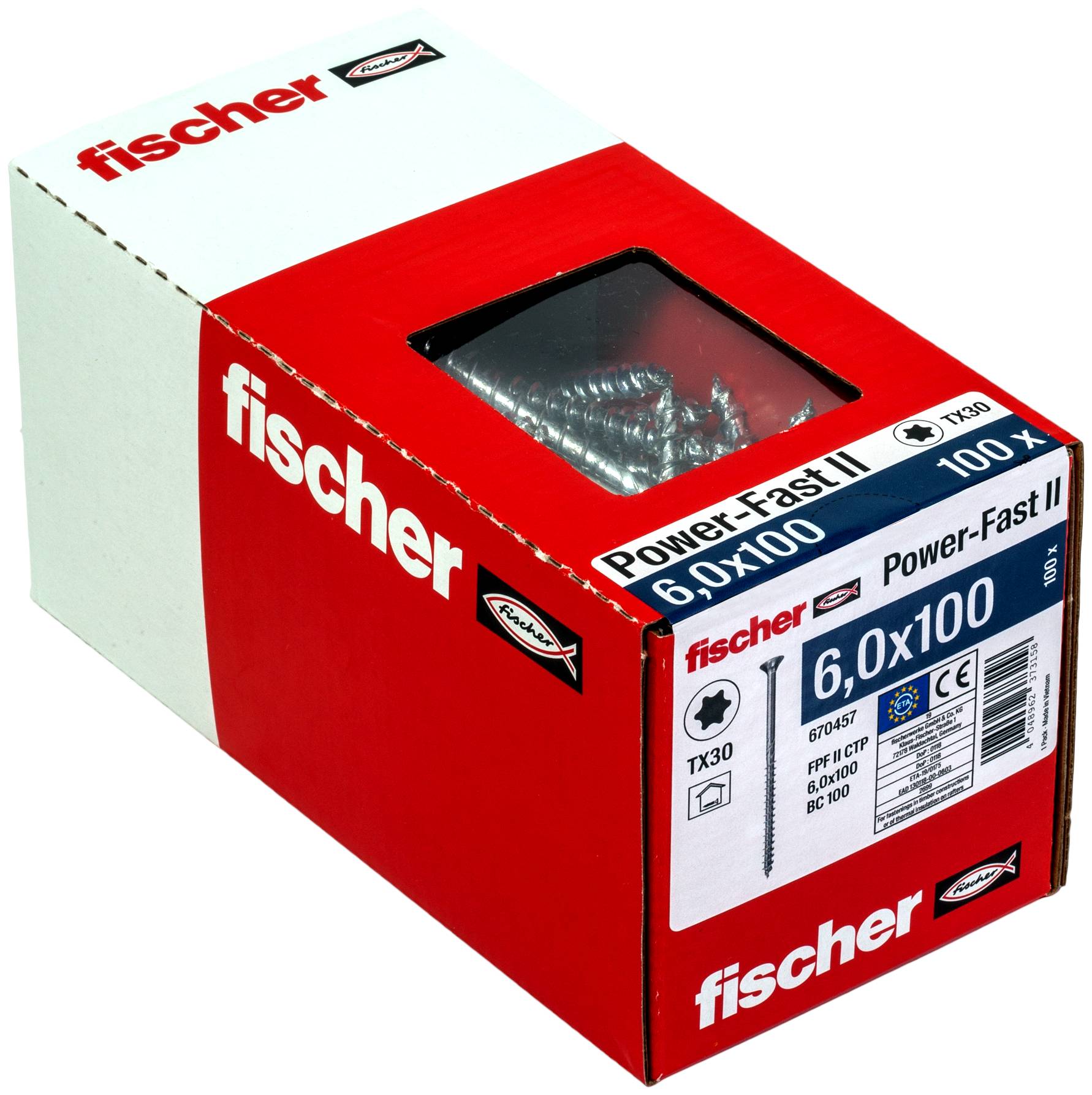 Škatla s Fischer Power-Fast II vijaki, označeni 6.0x100 in TX30, z vidnimi vijaki skozi zgornjo okno.