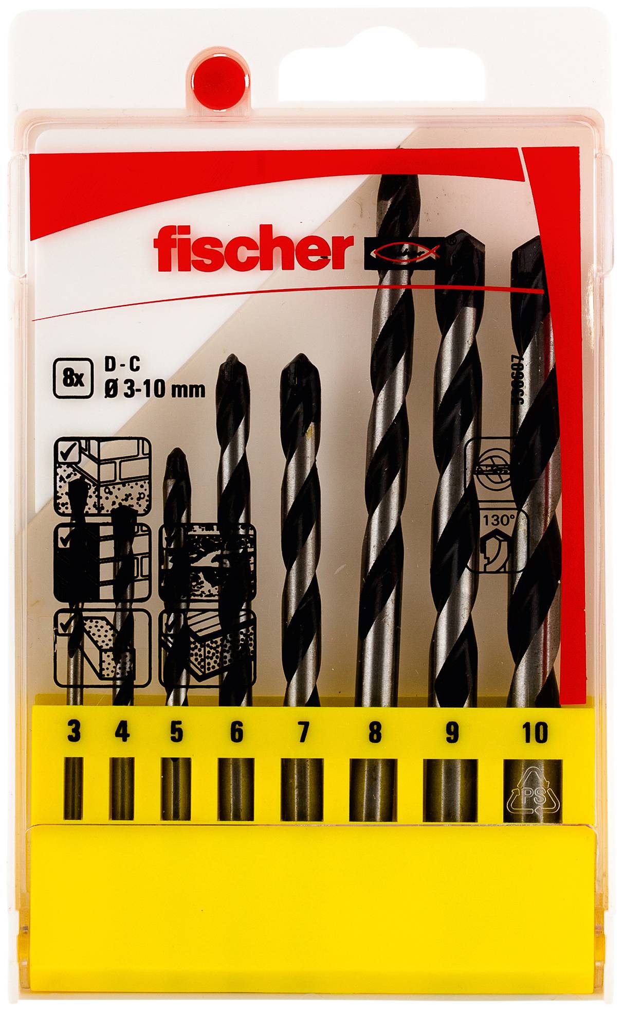 Plastični Fischer komplet svedrov v embalaži s petimi črnimi spiralnimi svedri označeni s številkami 3, 4, 5, 6, 8, 9 in 10 mm za vrtanje v zidove.