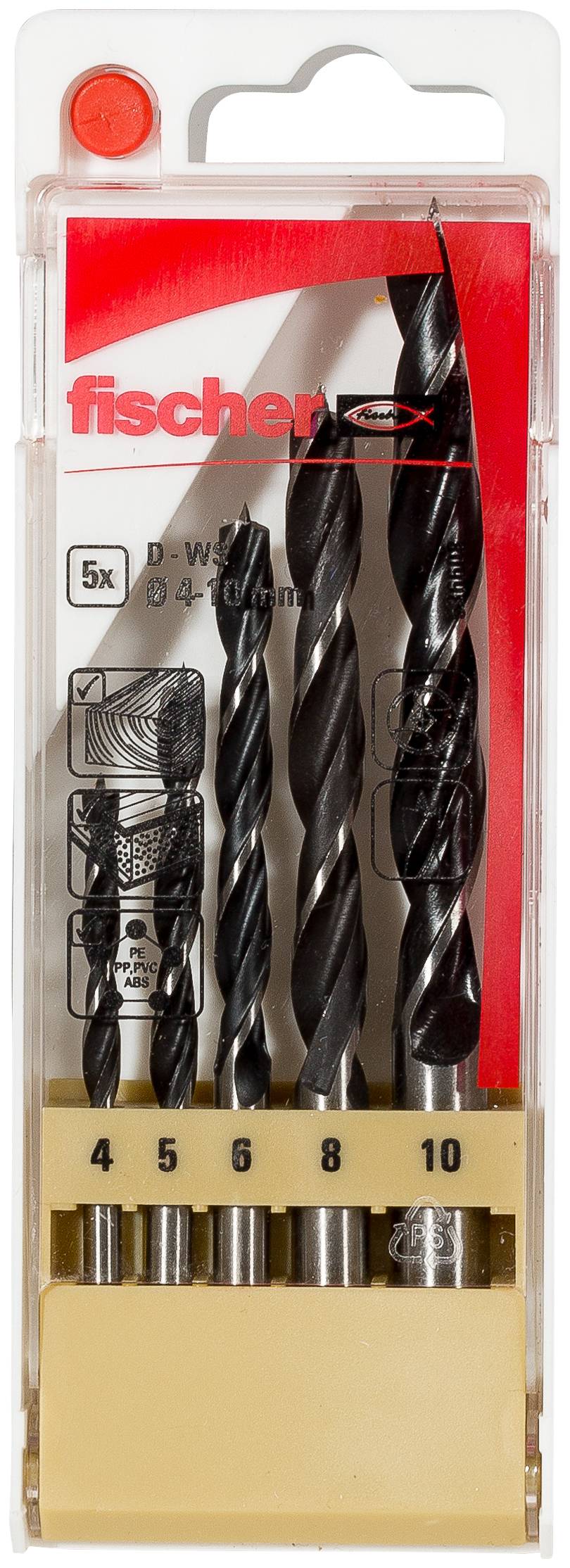 Fischer 536608 komplet spiralnih svederov za les 5-delni 4 mm, 5 mm, 6 mm, 8 mm, 10 mm 1 set