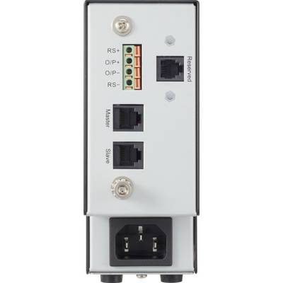 Zadnja stran elektronske naprave s priključki za RS+, RS-, O/P, Ethernet in napajanje. Dodatni priključki so označeni kot Master in Slave.