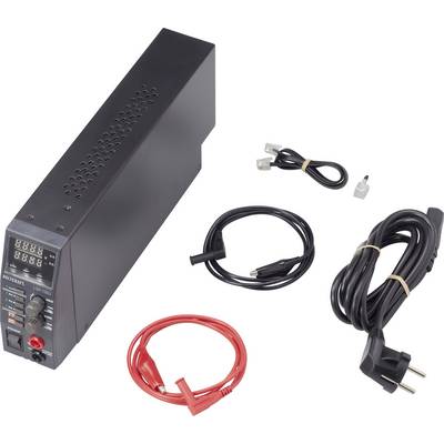 Napajalnik s kabli in priključki. Vsebuje črn napajalnik, električni kabel, rdeč in črn kabel ter dva majhna priključna vtiča.