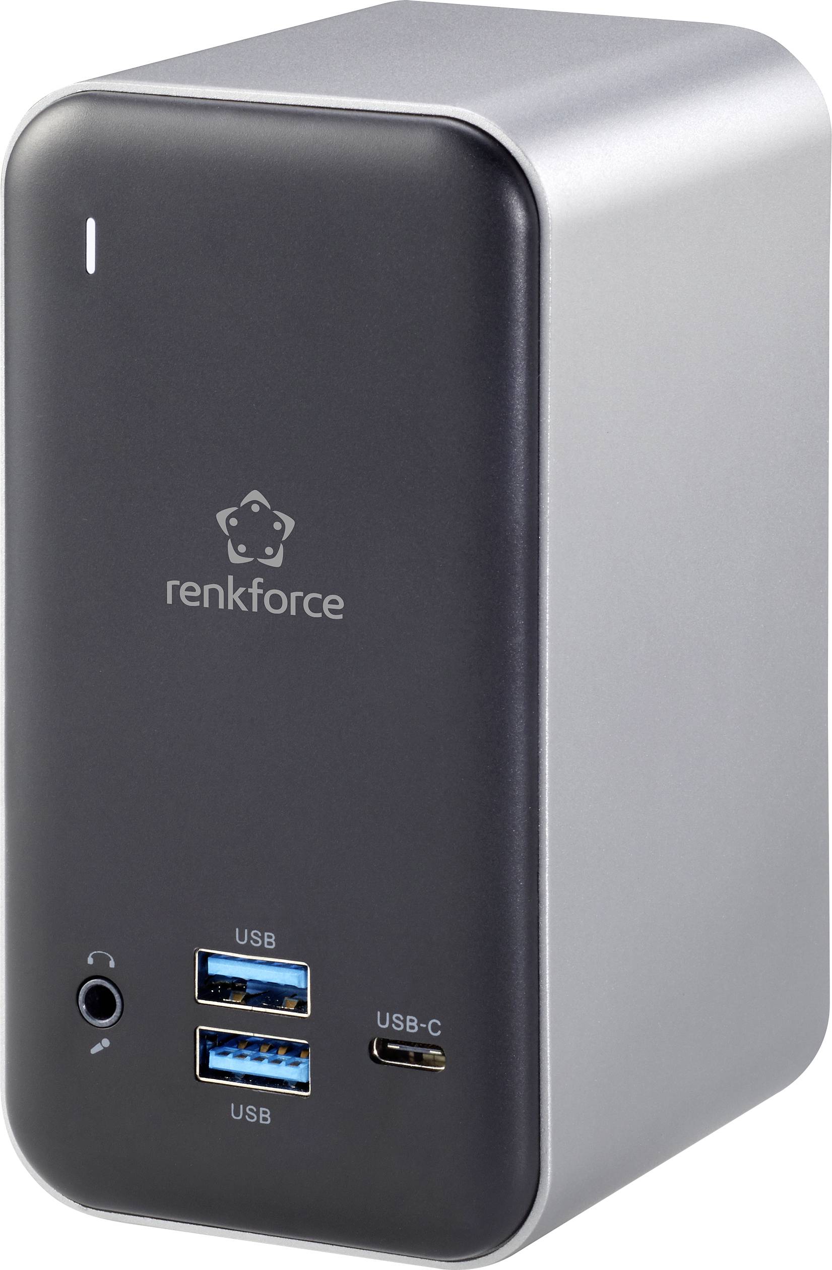 Črno-srebrna renkforce priklopna postaja z dvema USB- in enim USB-C-priključkom spredaj, poleg nje pa priključek za slušalke.