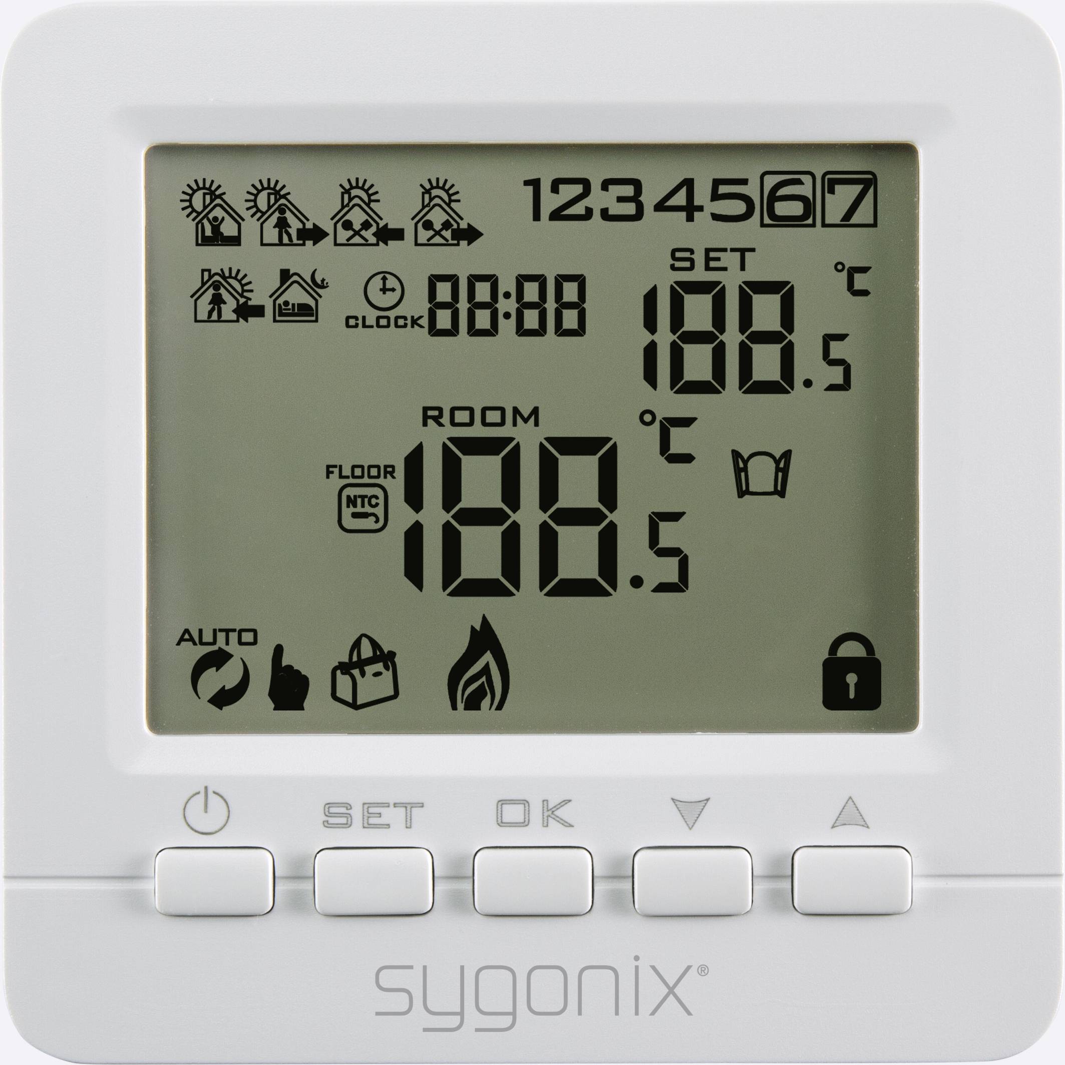 Digitalni termostat prikazuje sobno temperaturo 18,5 °C. Simboli za ogrevalne programe, čas, samodejni način in zaklepanje.