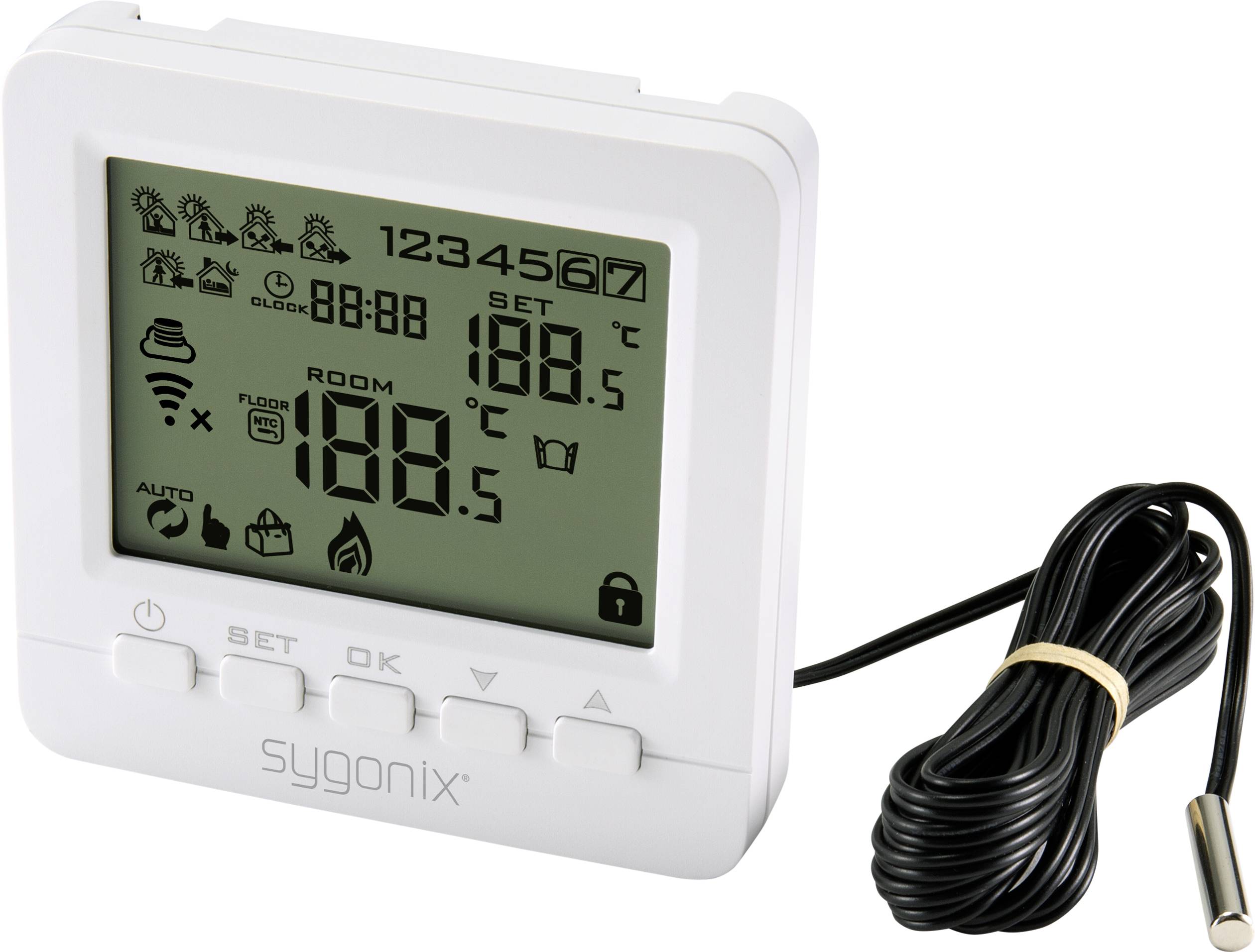 Digitalni termostat z velikim LCD zaslonom, ki prikazuje čas, temperaturo, nastavitve ogrevanja in urnika. Desno temperaturni senzor s kablom.