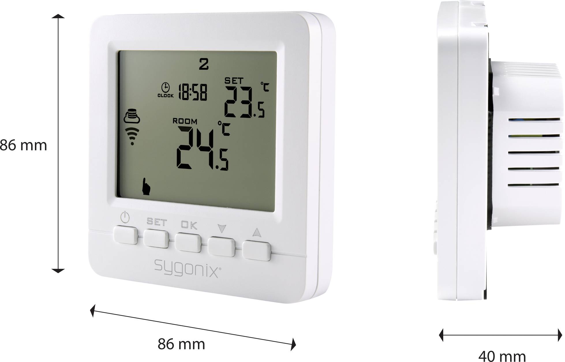 Digitalni termostat z zaslonom, ki prikazuje čas, sobno temperaturo (24°C) in nastavljeno temperaturo (23,5°C). Mere: 86 mm x 40 mm.