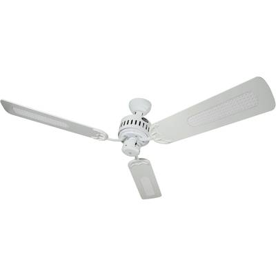 Bel stropni ventilator s tremi ploščatimi krili in centralnim ohišjem motorja. Primeren za prezračevanje prostora.