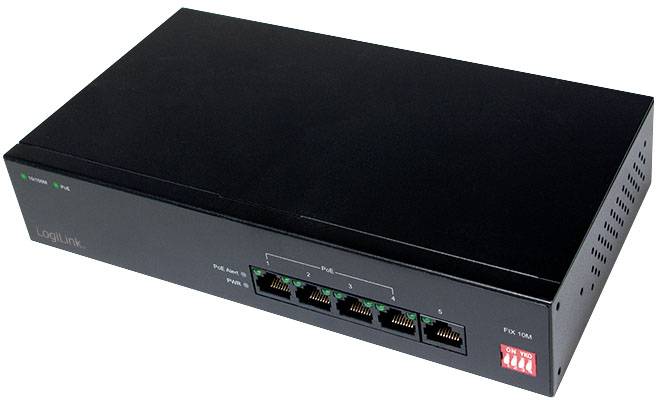 Črn omrežni stikalni element s šestimi Ethernet priključki, LED-indikatorji za napajanje in omrežno aktivnost. Ime blagovne znamke na sprednji strani.