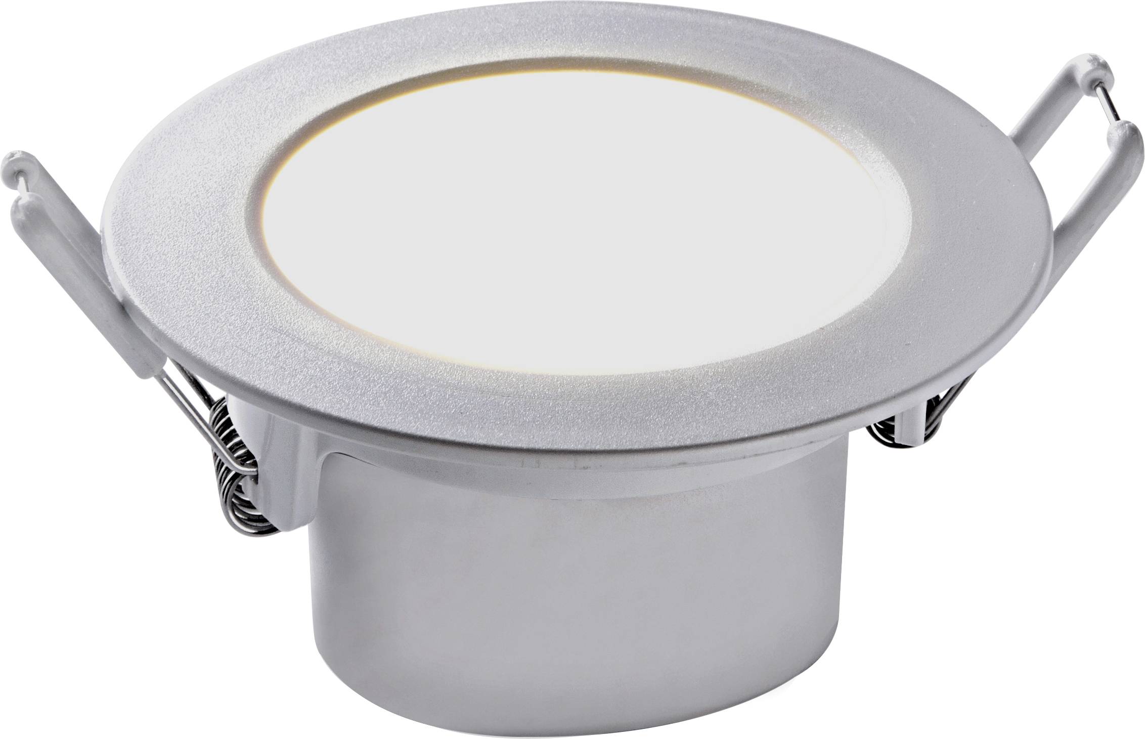 Okrogel LED vgradni reflektor v srebrni obrobi, primeren za vgradnjo v strop, z dvema stranskima vzmetema za pritrditev.