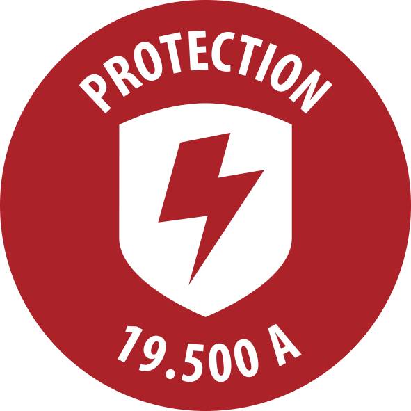 Rdeč krožni zaščitni značek z belim ščitom in strelico, označen z "ZAŠČITA" in "19.500 A".