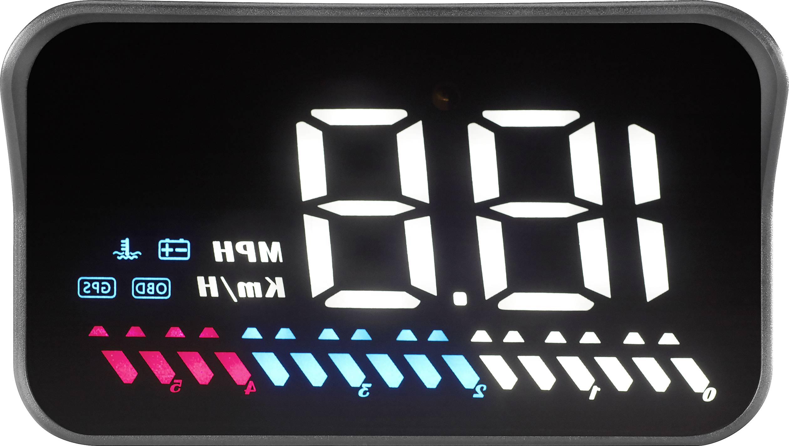 Digitalni tahometer z zaslonom '0 MPH' in '0 km/h', grafiki temperature motorja in kazalnika goriva.
