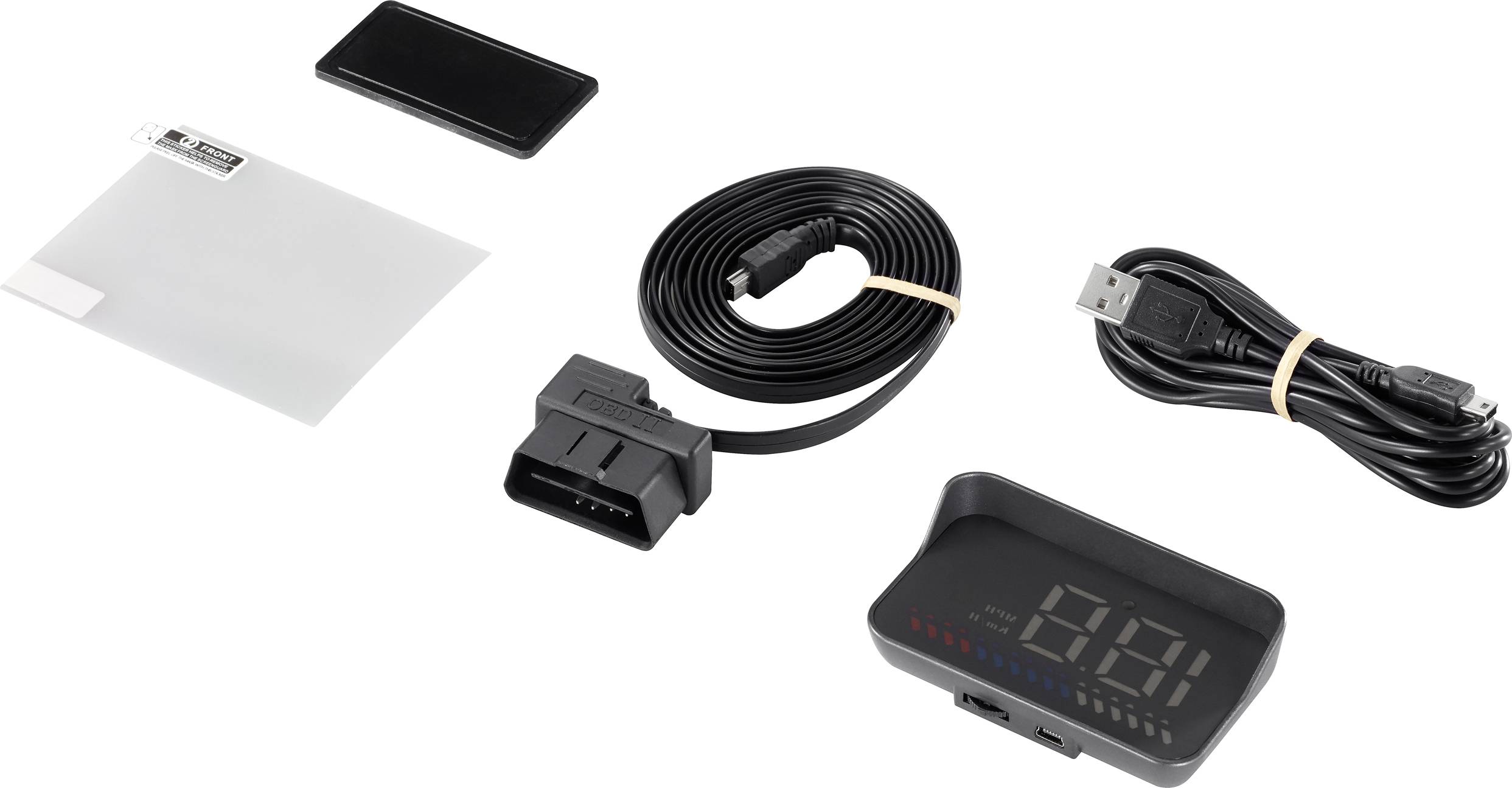 Avto-dodatki komplet z OBD2 adapterjem, USB kablom, nosilcem zaslona, odsevno folijo in digitalnim diagnostičnim prikazovalnikom za vozilo.