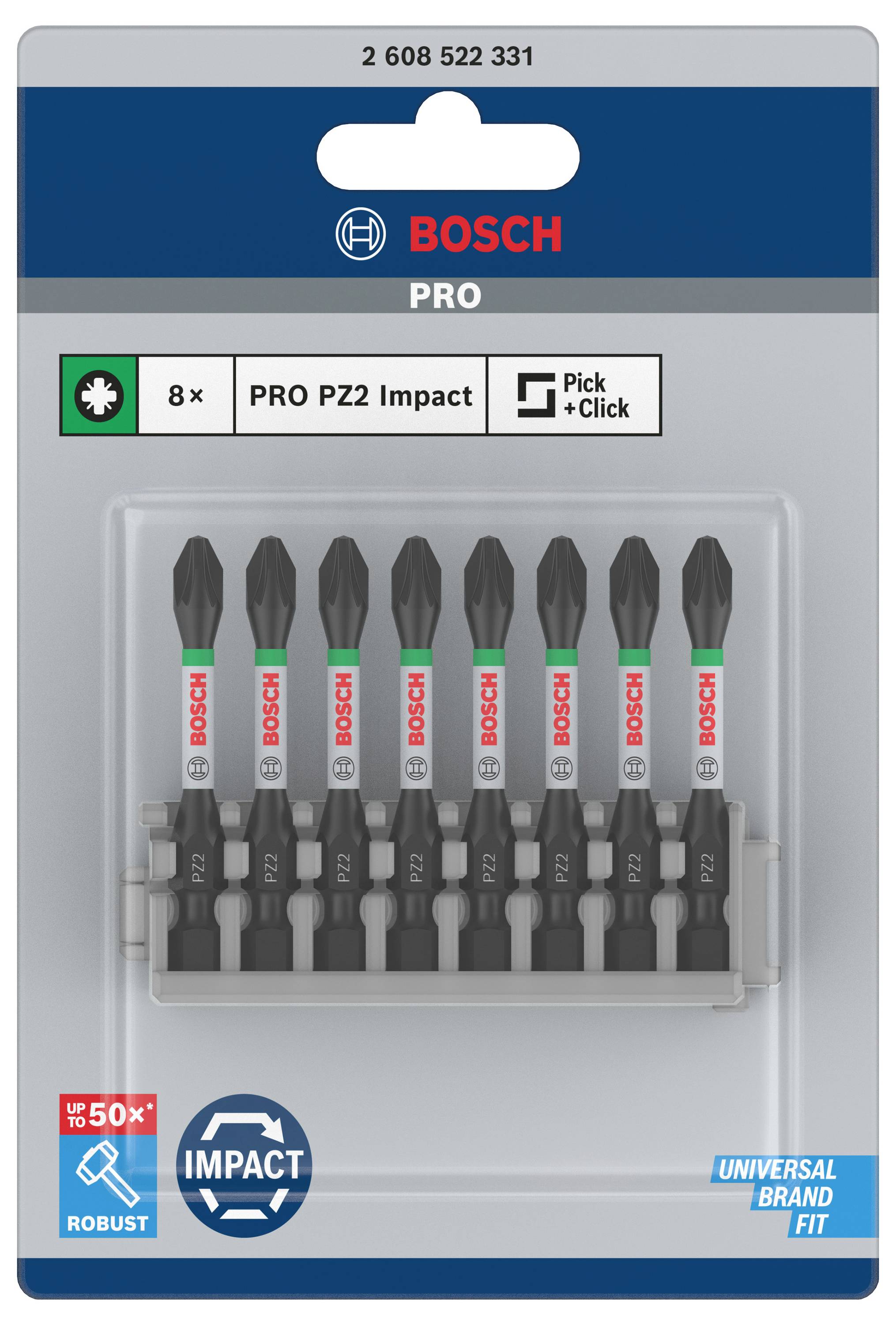 Nastavki za izvijače 'Bosch Pro', 8-delni, serija 'PRO PZ2 Impact', primerni za sistem 'Pick+Click', robustna embalaža.