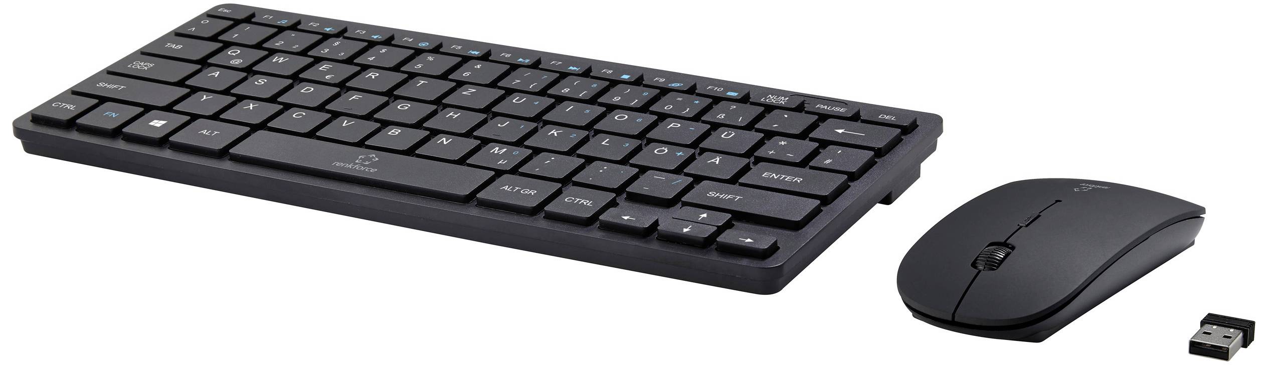 Brezžični črni komplet tipkovnice in miške z USB sprejemnikom, primeren za delo z računalnikom.