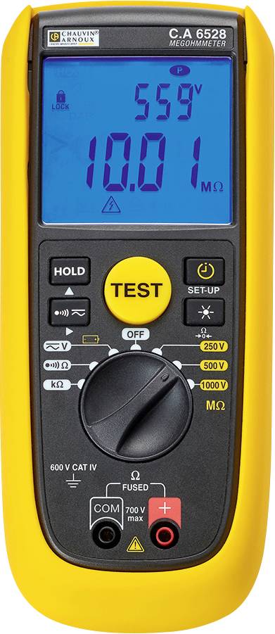 Rumeno digitalno multimeter v ospredju. Na zaslonu piše '559V' in '10.01 MΩ'. Spodaj so tipke in vrtljivi gumb.
