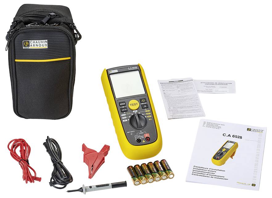Digitalni multimeter set s torbico, kabli, krokodilnimi sponkami, baterijami, temperaturnim senzorjem in navodili za uporabo.
