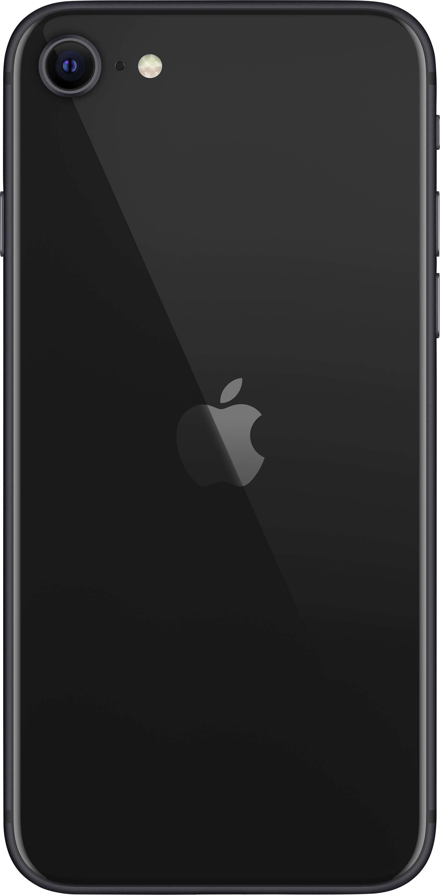 Črn pametni telefon od zadaj z logotipom ugriznjene jabolčne polovice na sredini. V zgornjem delu sta kamera in bliskavica.