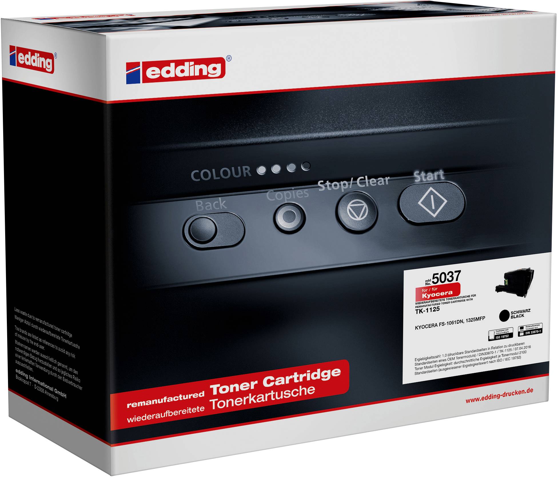 Embalaža za obnovljeno Edding toner kartušo za tiskalnike Kyocera. Vsebuje modelno številko in informacije o združljivosti.