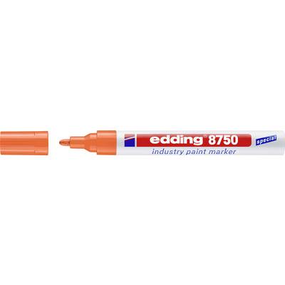 Marker za industrijsko barvo Orange Edding 8750 prikazan vodoravno s pokrovom, označen kot posebna barva in industijski marker.