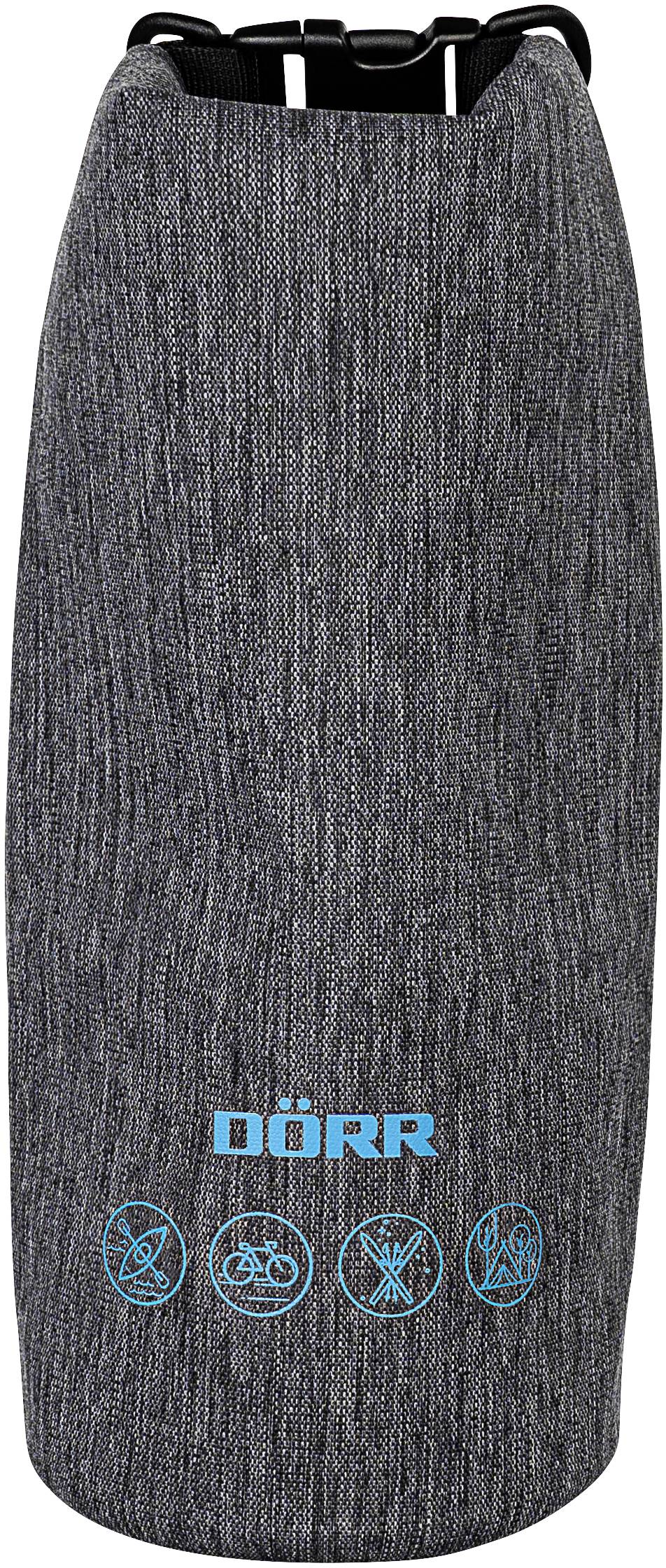 Siva, vodoodporna zunanja torba z modrimi simboli za pohodništvo, kolesarjenje in kampiranje; blagovna znamka 'DÖRR' v modri barvi.