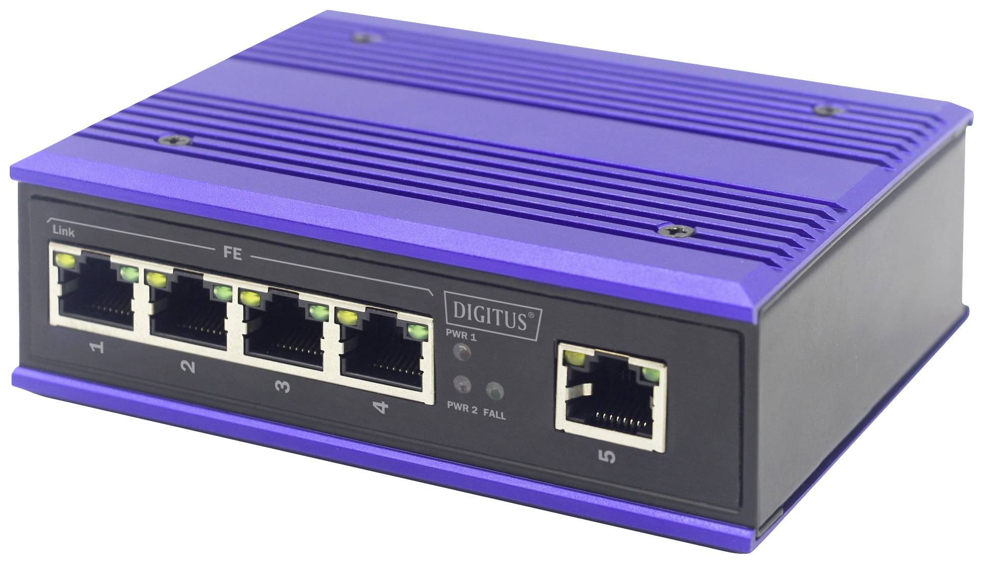 Moder omrežni stikalni element s petimi ethernet vrati na sprednji strani, primeren za povezovanje več računalnikov ali naprav v omrežju.