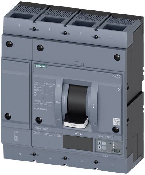 Sivo-črni odklopnik Siemens, model 3VA2, z vgrajenim stikalom na sredini, obkrožen s tehničnimi podatki.
