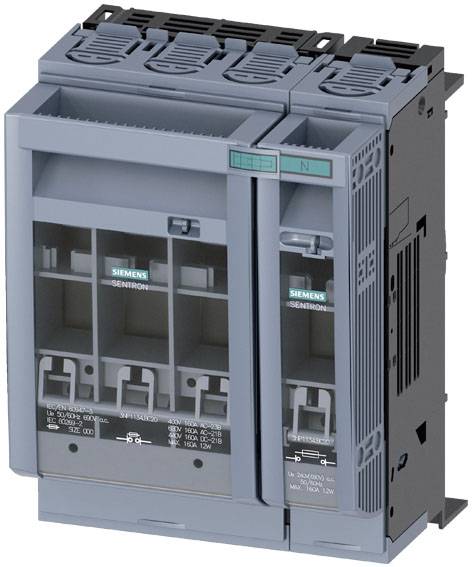 Siva elektronska komponenta, verjetno stikalna omara, z več priključki in napisom 'Siemens'.