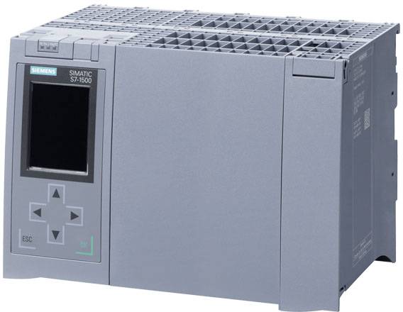 Siemensov SIMATIC S7-1500 avtomatizacijski sistem, sive barve, z zaslonom in navigacijskimi tipkami, za industrijsko krmiljenje.