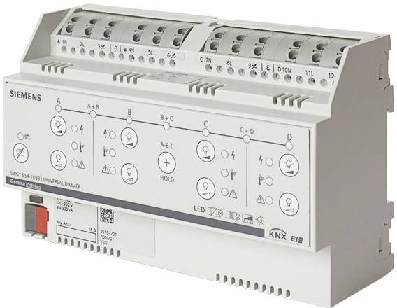 Siemensov univerzalni zatemnilnik z različnimi priključki in stikali, primeren za KNX-vodne sisteme, modelna oznaka SWG5 550-101B.