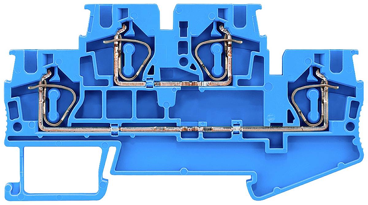Modra priključna letev s kovinskimi povezavami in sponkami, tipična elektroinstalacijska komponenta za povezovanje kablov.