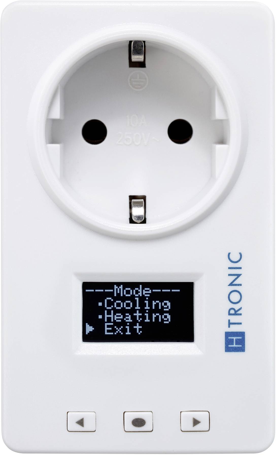Bela digitalna vtičnica z LCD-zaslonom, ki prikazuje izbirne možnosti 'Način', 'Hlajenje', 'Ogrevanje', 'Izhod'. Blagovna znamka H TRONIC vidna.