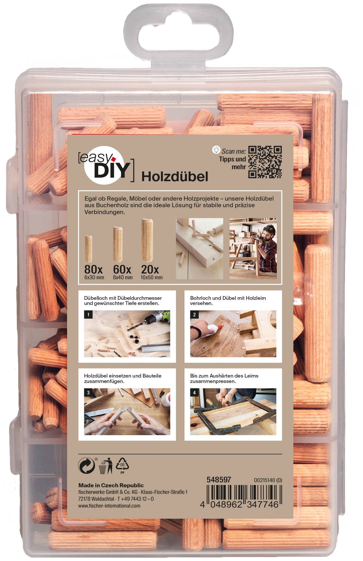 Jasna plastična škatla lesenih čepov z oznako 'easy DIY Holzdübel', ki prikazuje različne velikosti 80x, 60x in 20x za montažo pohištva in lesene spoje.
