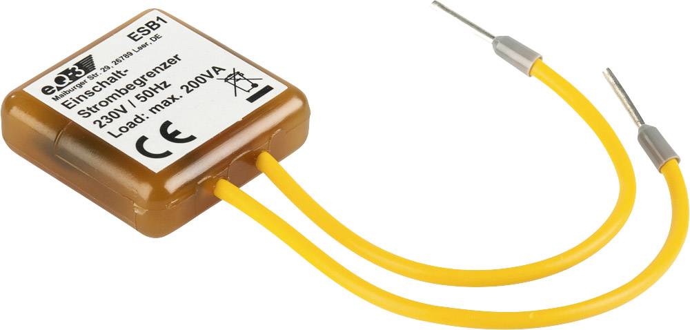 Rjav modul za omejitev vklopnega toka z rumenimi kabli in posebnim priključkom. Napis prikazuje maksimalno obremenitev 200 VA, 230 V, 50 Hz.