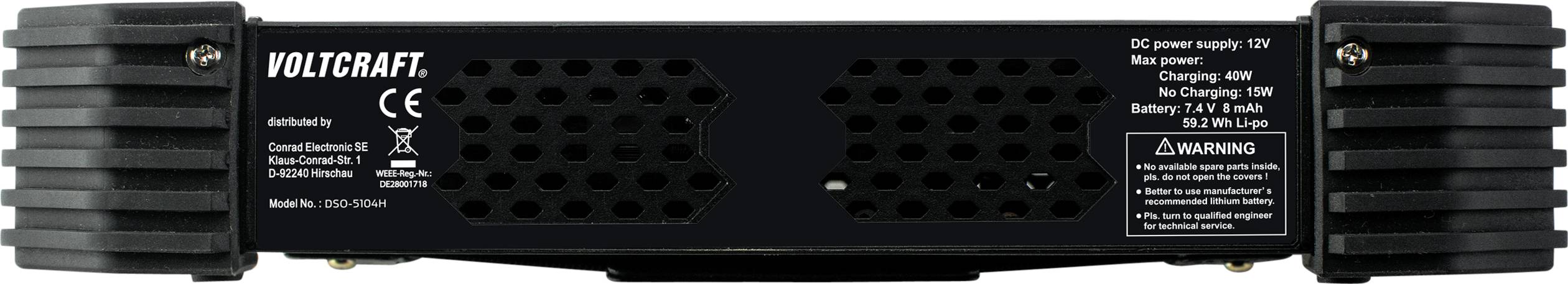 Zadnja stran polnilnika Voltcraft z prezračevalnimi režami in opozorilnimi napisi. Primerno za 12V DC napajanje.