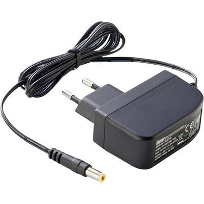 Črn napajalnik s kablom in vtikačem. Kabel se konča v rumeni votli vtični. Primeren za elektronske naprave.